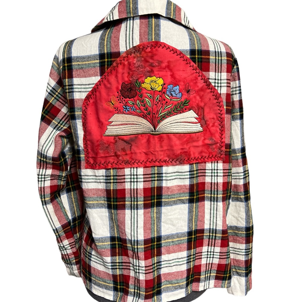 Reworked upcycled long sleeve flannel with full back embroidery